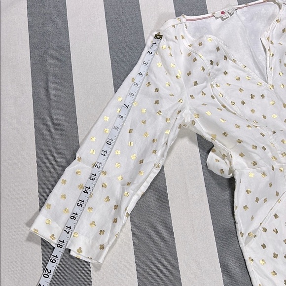 Boden Womens Linen Dress White Gold Print V Neck Belted 3/4 Sleeve Petite 6P - Picture 10 of 12